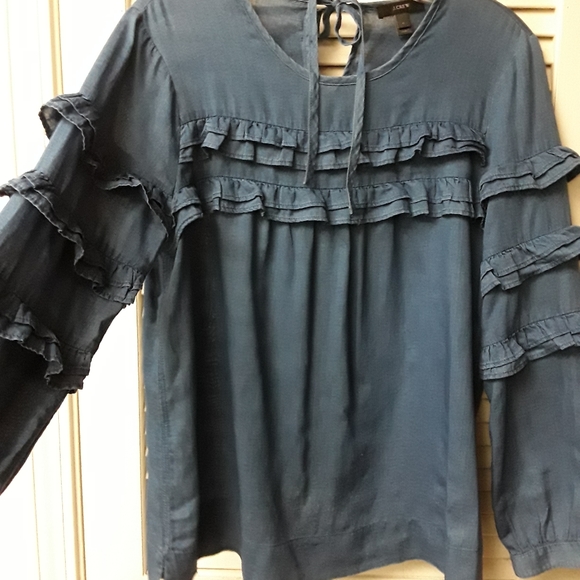 J Crew Ruffle Chambray Tiered Peasant Top BluBoho - Picture 2 of 12